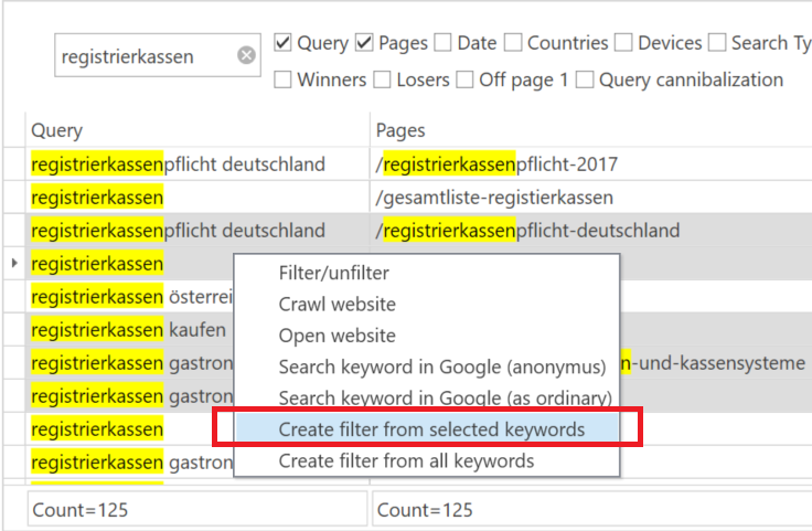 Keyword Filtering: Selected Keywords